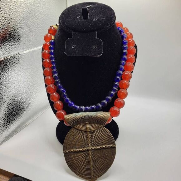 Ashanti Ghana Double Strand 18 Inch Glass Bead Necklace With Brass Pendant